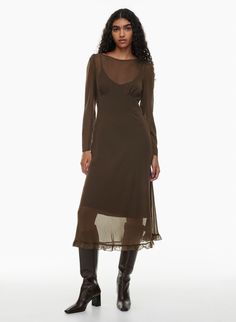 MINNELLI DRESS | Aritzia Graduation Dress Fall, Apres Studio Dress, Style Dresses For Winter, Off The Shoulder Long Sleeve Dress, Going To The Ballet Outfit, Wedding Guest Winter Outfit, Winter Slip Dress, Pants Under Dress, Casual Cocktail Attire For Women