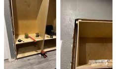 two shelves are being constructed with plywood boards and glue on the bottom one shelf is empty