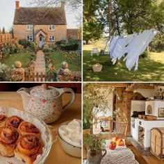 there are pictures of different houses in the country side, including an oven and teapot