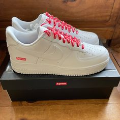 Nike X Supreme Air Force 1s White Size 10.5 Brand New Comes With Original Everything And Extra Laces. 100% Authentic Can Provide More Pictures. Air Force 1 Laces, Air Force 1s White, Supreme Air Force 1, Nike Air Force 1 Men, Air Force 1s, Air Force Ones, Shoes Nike, Fit N Flare Dress, Rain And Snow Boots