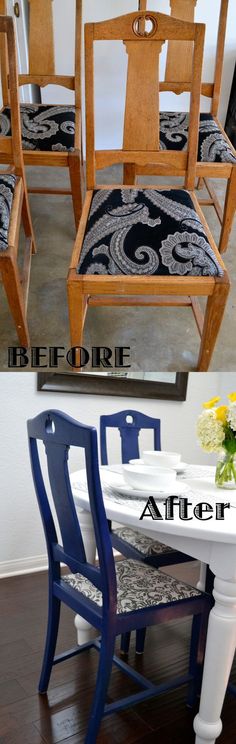 before and after photos of an old dining room table with new upholstered chairs