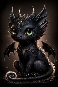 a black dragon with green eyes sitting down