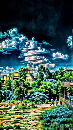 a painting of people walking on a path in front of trees and buildings with clouds above them