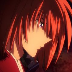 an anime character with red hair looking off to the side in front of a dark background