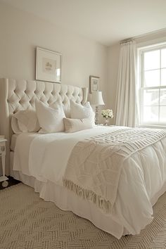 a white bed sitting in a bedroom next to a window with curtains on both sides