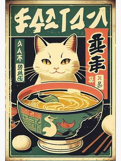 a poster with a cat sitting in front of a bowl of soup and chopsticks