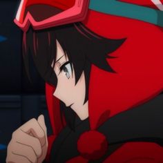 an anime character wearing a red helmet and black hair