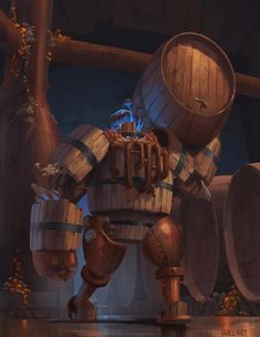 an animated character standing in front of wooden barrels