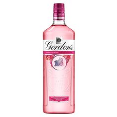 a bottle of gordon's gin water on a white background with pink trimmings