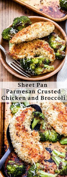 two plates with chicken and broccoli covered in parmesan crumbs