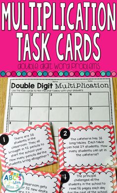 two task cards with the words, multiplication task cards and numbers on them