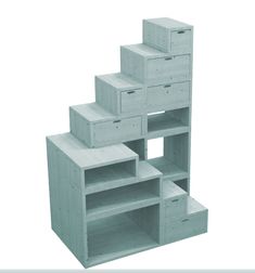 a set of three shelves with drawers on each side and one shelf stacked high in the middle