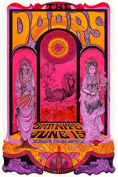 an old concert poster for the doors, featuring two women in purple and orange dresses