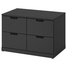 a black dresser with four drawers on it's front and bottom sides, viewed from the side