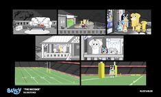 an animation storyboard shows the inside of a building with dogs on it and people standing around