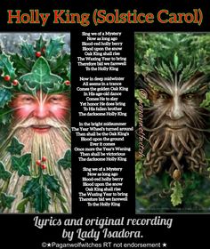 an advertisement for holly king solstic carol, with two images of the same character