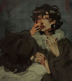 a drawing of a woman brushing her teeth in front of a man with dark hair