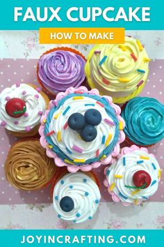 cupcakes with colorful frosting and sprinkles on top are shown