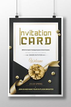 a black and gold wedding card with a rose on it is hanging from the wall