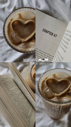 an open book next to a cup filled with liquid and heart shaped ice creams