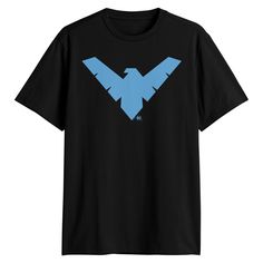 a black t - shirt with an eagle on the front and blue wings on the back