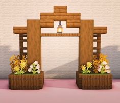 an arch made out of wood with flowers on the sides and a lantern hanging from it