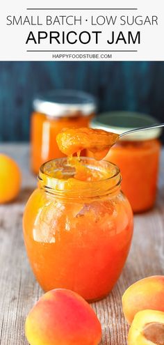 apricot jam in a glass jar with peaches on the side and text overlay that reads small batch low sugar apricot