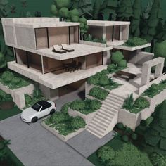 an artist's rendering of a modern house in the woods with a car parked outside