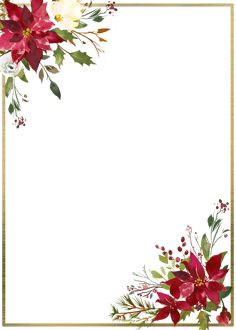 a christmas card with poinsettis, holly and berries on the corner in gold frame