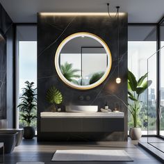 a bathroom with a large round mirror on the wall