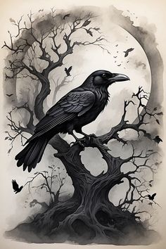 a black bird sitting on top of a tree branch in front of a full moon