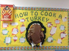 a turkey made out of paper on top of a bulletin board that says how to cook a turkey