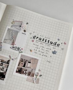 an open scrapbook with pictures and words on it's cover, including the word gratitude