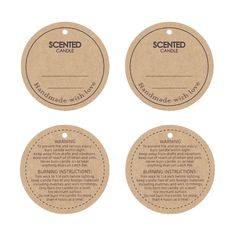 three round tags with the words scented candle and warning instructions on each one, set against a white background