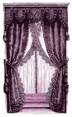 an old black and white drawing of curtains