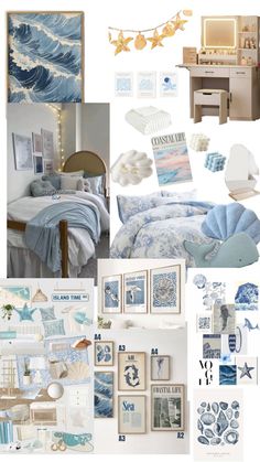 a collage of blue and white bedroom decor with pictures on the wall, bedding,