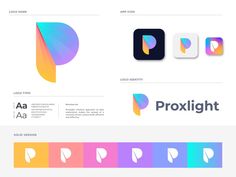 the logo design for proxilight is shown in three different colors and font options