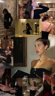 a collage of photos with women in black dresses