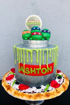 Teenage Ninja Turtles Cake with Green Chocolate Drip and Realistic Pizza Cake Board with Cheese, Pepperoni's and Olives Buttercream Ninja Turtle Cake, Teenage Mutant Ninja Turtle Birthday Cake, Ninja Turtle Birthday Cake, Ninja Turtles Cake, Birthday Cake Kids Boys, Teenage Mutant Ninja Turtles Birthday