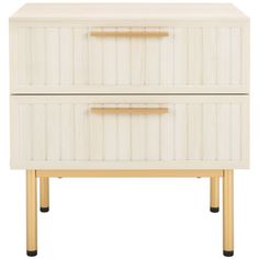 a white wooden dresser with two drawers on one side and three legs in the other