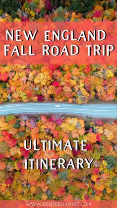 an aerial view of autumn foliage with the text new england fall road trip ultimate itinerary