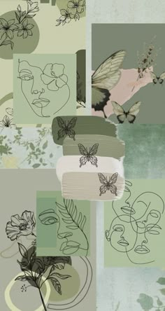 an abstract painting with flowers and butterflies on it's face, in shades of green