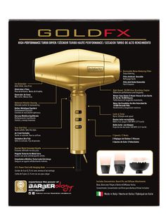 the gold fx hair dryer is shown with instructions on how to use it