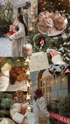 a collage of photos with food and christmas decorations