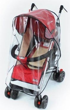 a red stroller with a clear cover on it