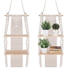 two macrame style hanging shelves with plants and books on them, one is white