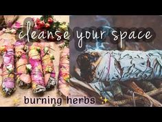 two pictures, one with flowers and the other with burning herbs in it's wrappers