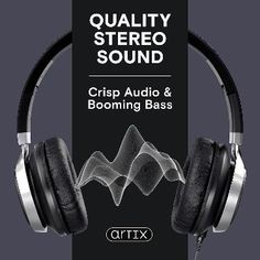 headphones with the words quality stereo sound crisp audio and booming bass