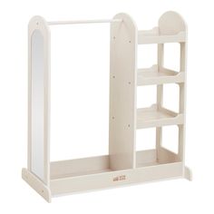 a white wooden shelf with mirrors and shelves on each side for storing books or magazines