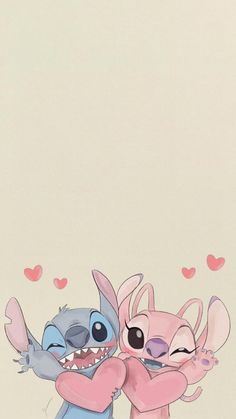 two cartoon characters hugging each other with hearts in the background